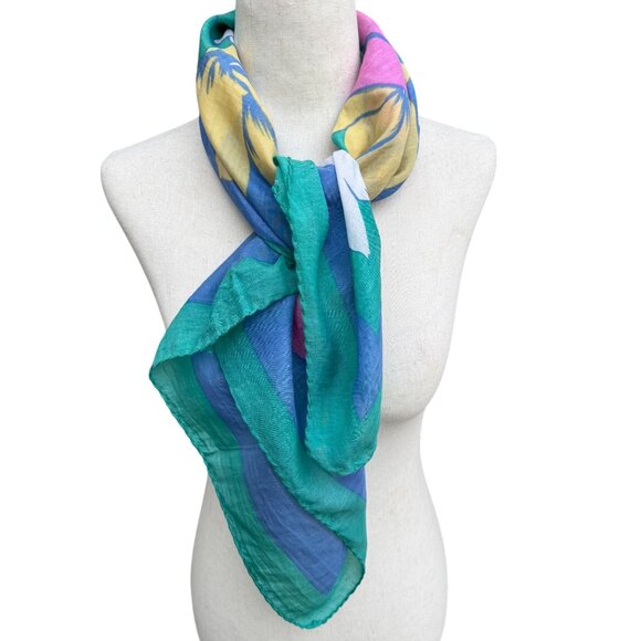 Pic 'N' Save Accessories - Pic N Save Vintage Hawaiian Square Floral Scarf Bold Yellow Pink‎ Blue Green